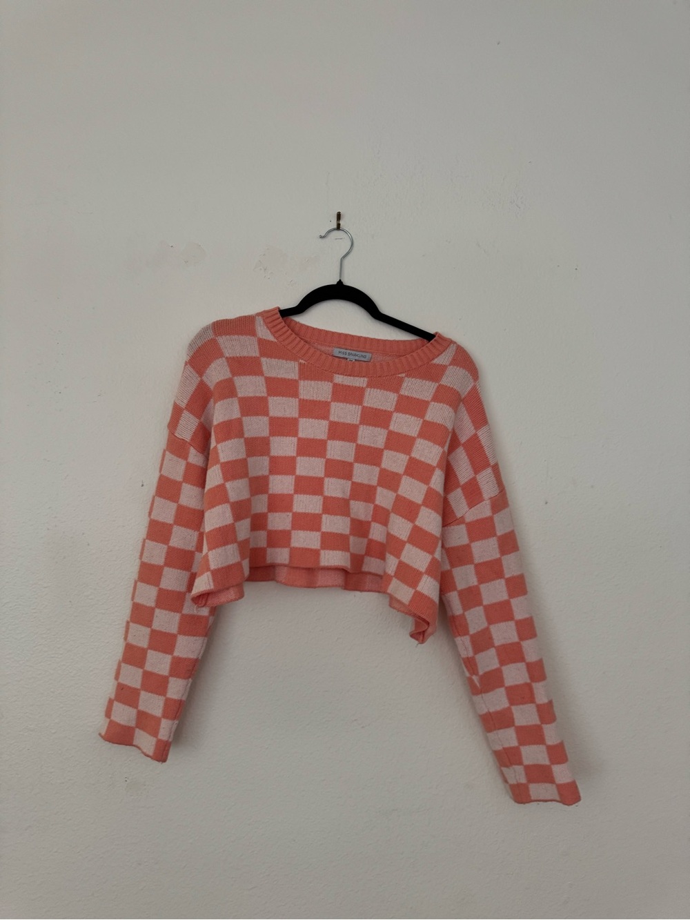 Checkerboard Cropped Knit Sweater - Pink Cream